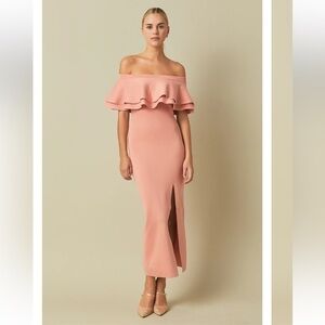 NWT endless rose off the shoulder ruffle maxi dress blush split leg size medium